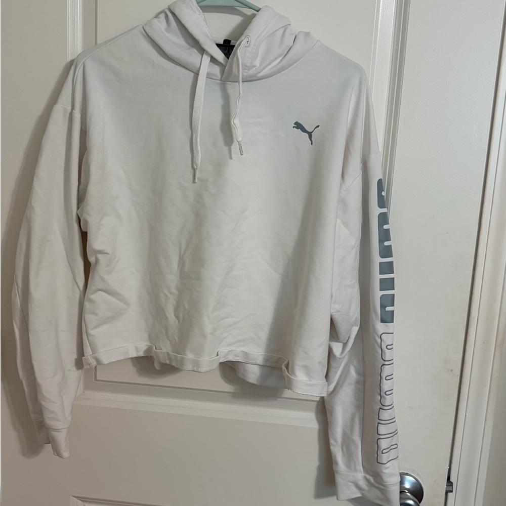 Puma White Cropped Hoodie with Gray Logo